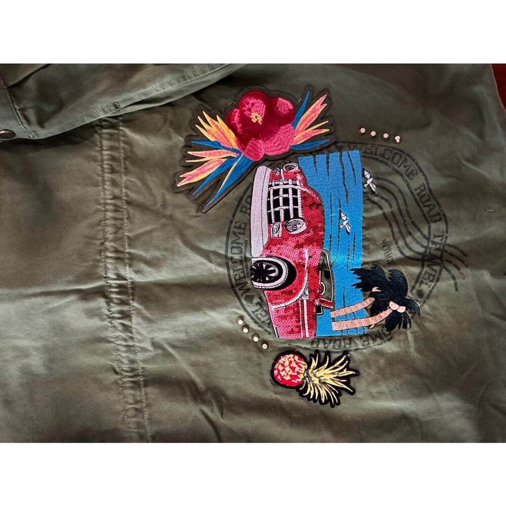 Zara Woman Green Embroidered Utility Jacket Tropical Patch Studded Oversized M - Picture 16 of 16